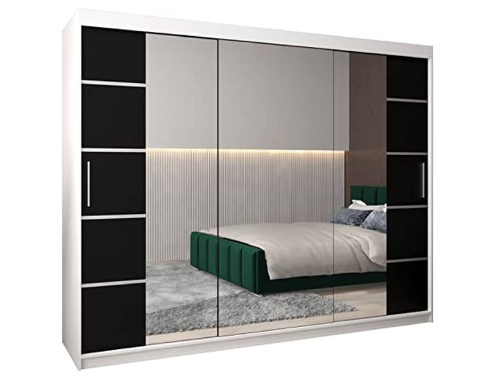 MEBLE KRYSPOL Verona 4 250 Schlafzimmerschrank Schiebetüren Schrank mit Spiegel Kleiderschrank mit Spiegel Schiebetürenschrank Kleiderschrank Schiebetüren – 250x200x62cm - Mattweiß + Mattschwarz