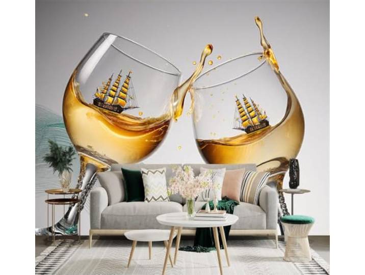 3D Tapete Segelboot Im Weinglas Goldene Flüssigkeit Wellenmuster Kunst Seidenstoff mit edler Textur Geeignet für Wohnzimmer Schlafzimmer Arbeitszimmer Büro Esszimmer TV Hintergrundwand-400cm×280cm