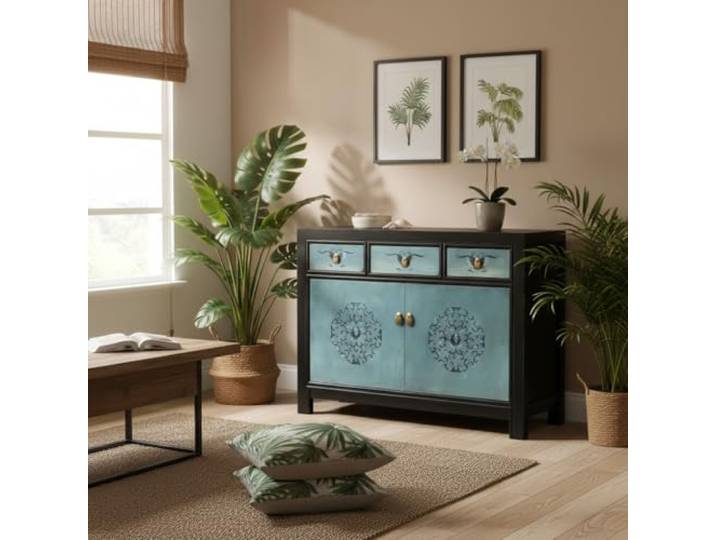 OPIUM OUTLET Sideboard Kommode Schrank asiatisch chinesisch orientalisch Anrichte Vintage türkis Shabby Chic Stil asiatisch orientalisch Holz