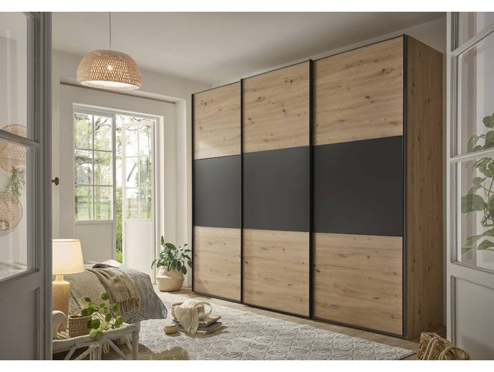 Schwebetürenschrank, 280x222 cm, Holzwerkstoff, Artisan Eiche/Vulkan, 3 Türen, Modern, Staud