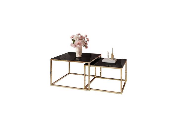 COUCHTISCH YOSHI 2in1 70/70/41 cm Gold chrom / Schwarzes Glas