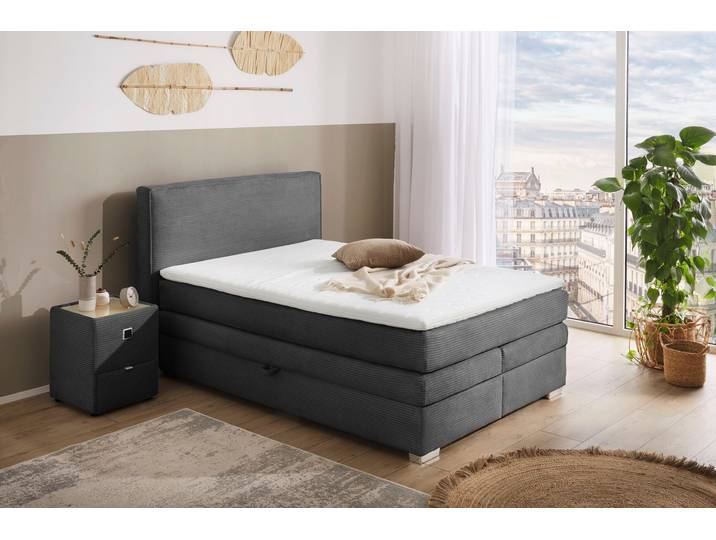 Boxspringbett, Cord, Grau, 154×217 cm, Mit Stauraum, Mid-Century, Jockenhöfer