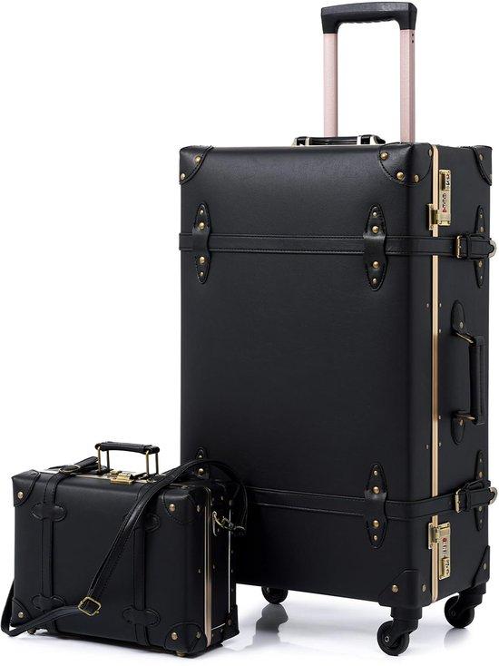 SnelShoppen - Vintage-Koffer mit Rollen, Retro-Reisekoffer, 2-teilig, Hartschalenkoffer, Schwarz, Kleiner Koffer 30,5 cm + Großer Koffer 20 Zoll, Perfekt
