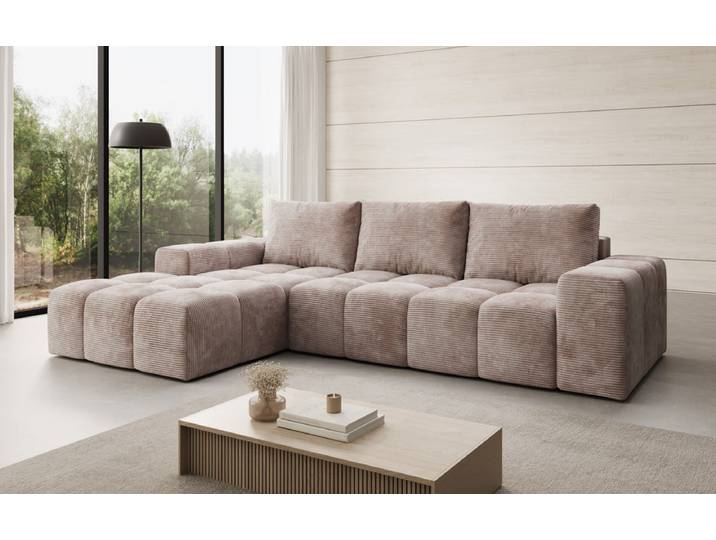 Designer Ecksofa Aila mit Schlaf- und Klappfunktion in Cord - Cord - Safran - Links - Luxusbetten24