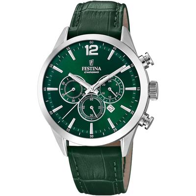 Chronograph FESTINA "Timeless Chronograph", dunkelgrün, Armbanduhren, Herren, Chronograph, Quarzuhr, Armbanduhr, Herrenuhr, Lederarmband, Datum,Stoppfunktion