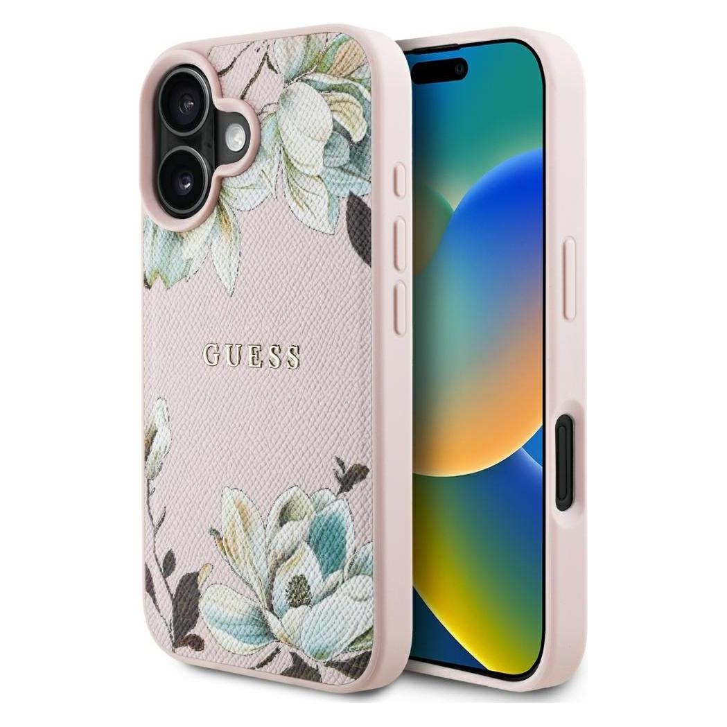 Guess Grained Printed Flower Pattern MagSafe iPhone 16 Case Pink (Apple iPhone 16) (GUE004430-0)