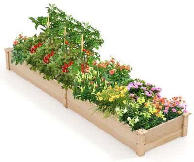 Costway Wooden Raised Garden Bed with 2 Planter Boxes and Dividers-Natural