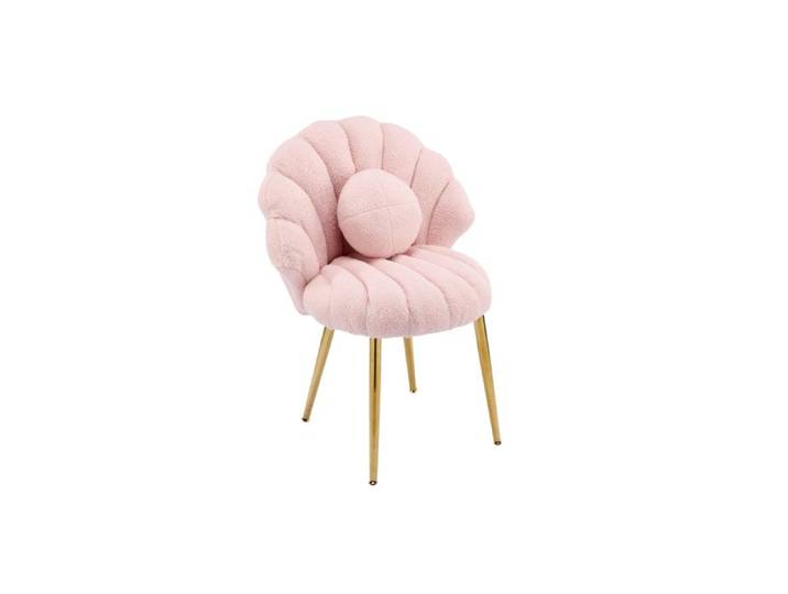 Fauteuil de Maquillage avec Dossier Coquillage - VINGLI- Chaise Coiffeuse Élégante avec Coussin Perle - en Teddy - Rose