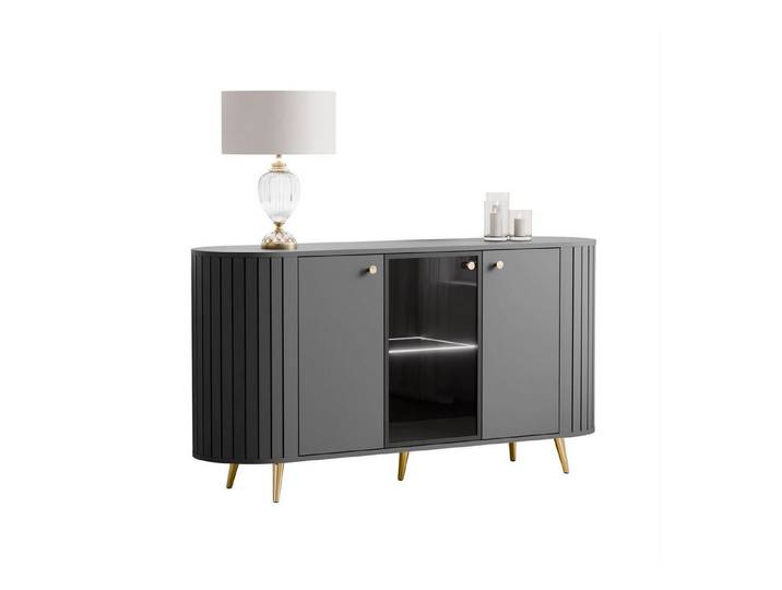 yourhouse24 Kommode LINNEA 150cm 3D LED & Glas Runde Ecken Kaschmir/Schwarz