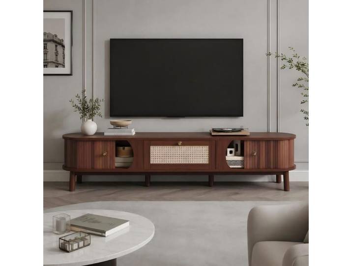 Meuble TV Rotin 170 cm COZHYESS Meuble TV Bas Effet Bois avec Portes Tiroirs Grand Rangement pour TV 50-59 Pouces - Bois Naturel