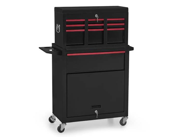 BarberPub 2 in 1 Friseurwagen mit 5 Schubladen & Schrank, Bedienungswagen mit 2 Föhnhalter, Friseur Arbeitswagen abschließbar, Beauty Salon Trolley Metall, Rollwagen Stapelboy, 0097 (Rot)