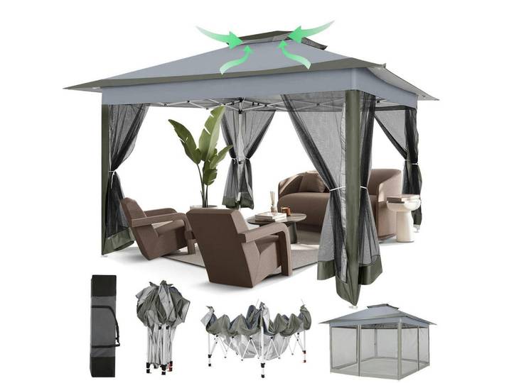 Pavillon 3 x 3 m Dunkelgrau Wasserdicht mit Moskitonetz, Grau, 365x270x365 cm, Sonnenschutz, Pavillons