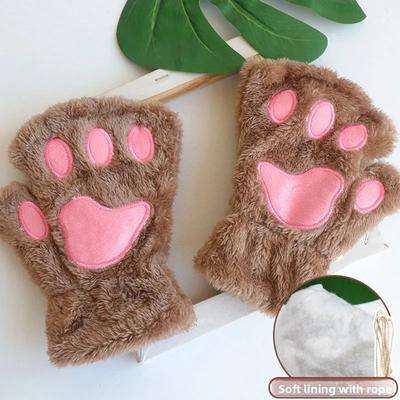 Friendly Fresh Finds Fingerless Gloves With Bear Cat Design, Plush Animal Paw Gloves For Casual Winter Streetwear And Themed Parties khaki