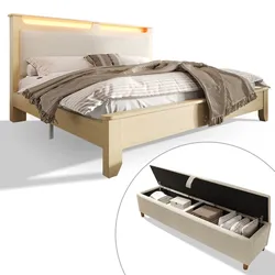OKWISH Elegantes Stauraumbett Polsterbett 200x160 cm mit LED Kopfteil Regal Ablage und Bettbank Cordstoff Beige für modernes Schlafzimmer