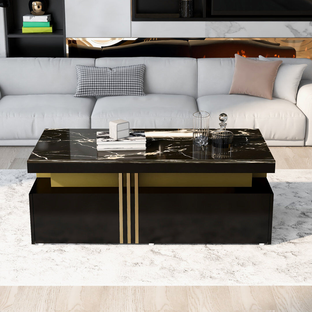 Ivy Bronx Chalsea Coffee Table with Storage Black/Calacatta White Marble Tabletop