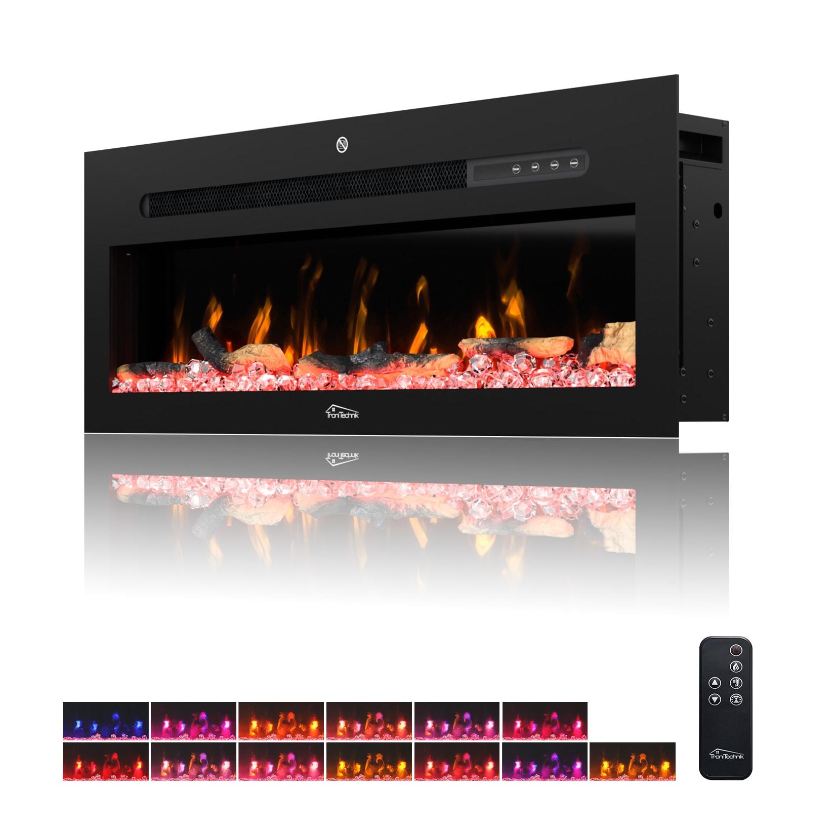 TroniTechnik® Wandkamin elektrisch, Panorama Elektrokamin Schwarz mit LED Flammeneffekt, 900/1800W Heizleistung, dimmbar, App-Steuerung, Fernbedienung, Timer, Kristalle