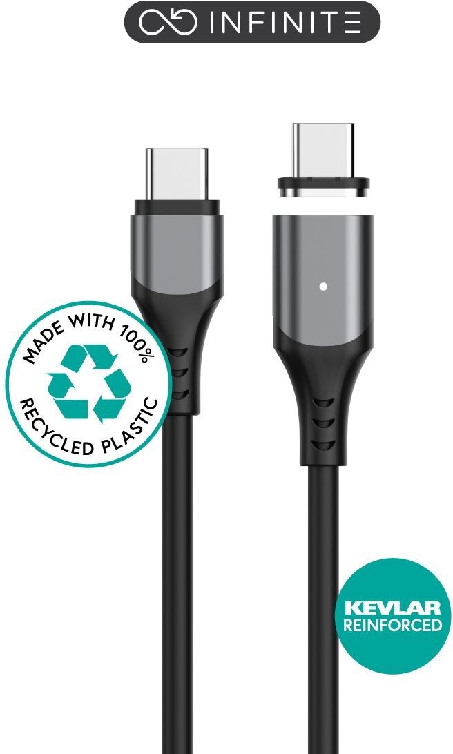 eSTUFF INFINITE Magnetic USB-C to USB-C Cable 2m Black, USB 2.0, 100W PD, 2 x USB-C Tips (ES604265) - Retail Pack