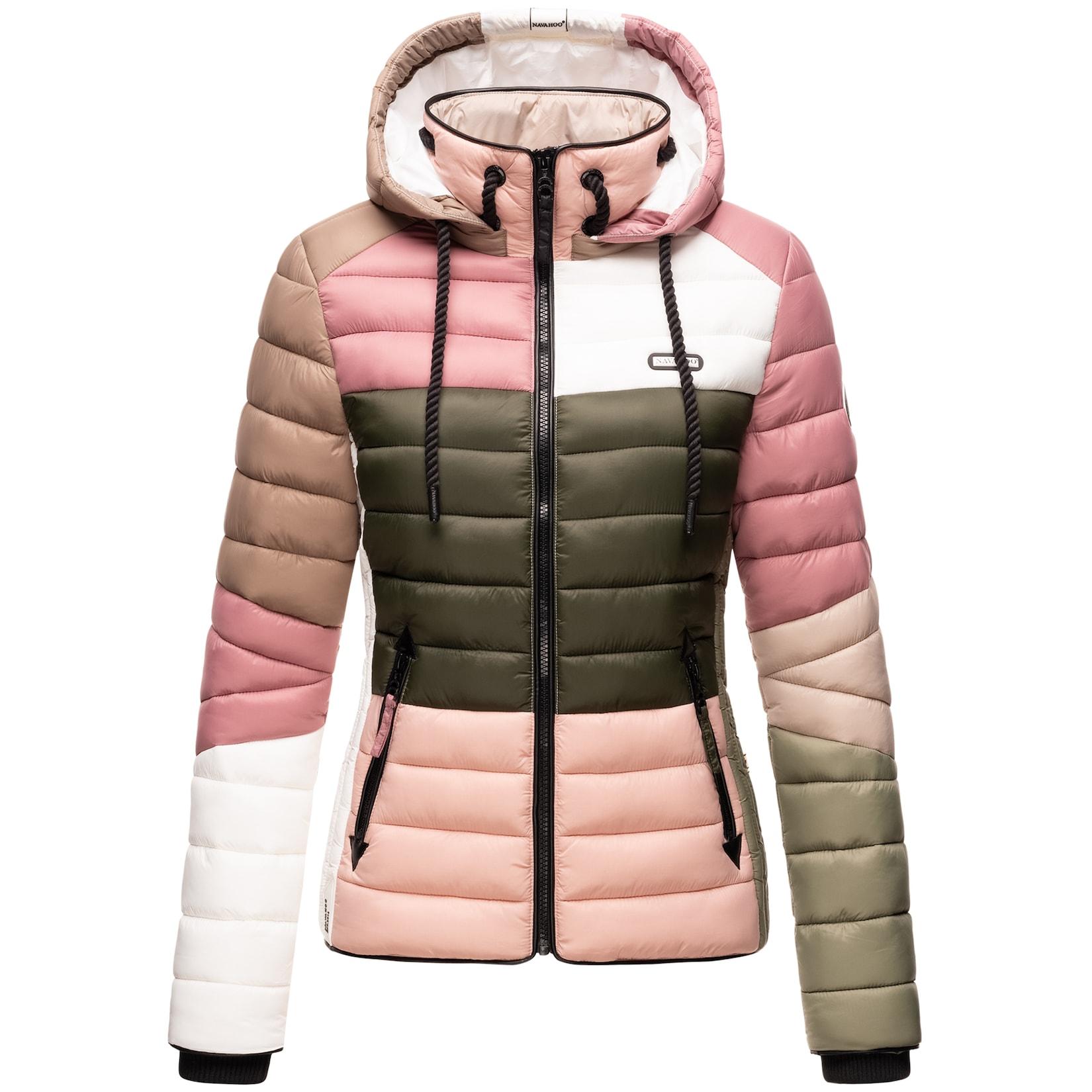 NAVAHOO Damen Steppjacke leichte Übergangsjacke mit Kapuze im Colourblocking Stil Lulana Multikulti