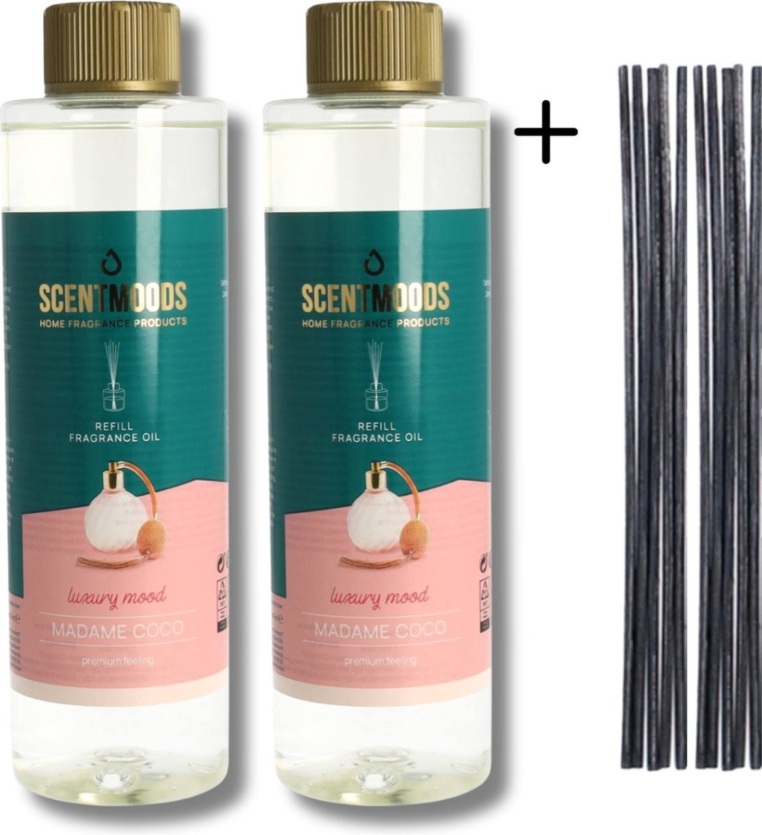 Scentmoods Geurstokjes Navulling Madame Coco Set van 2 + 12 Geurstokjes - 400ml x 2