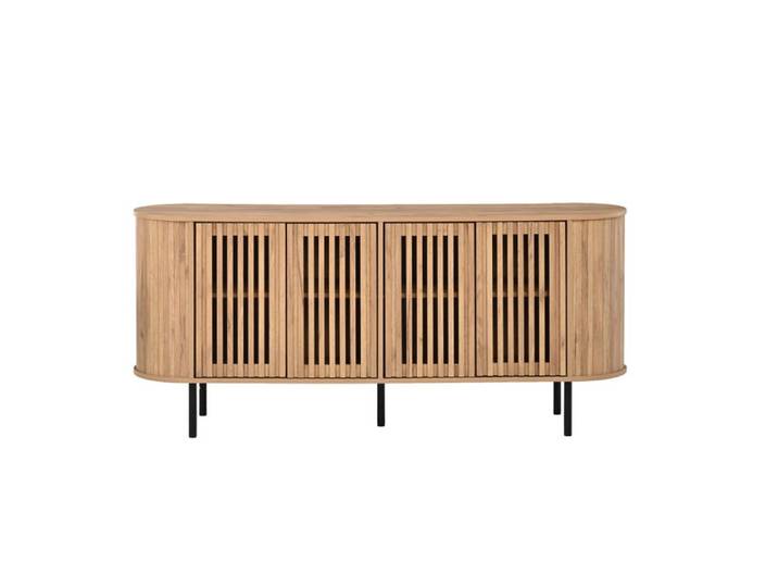 Buffet 160x40x70 cm en MDF avec 4 portes coulissantes perforées étagères réglables pieds en métal finition bois naturel