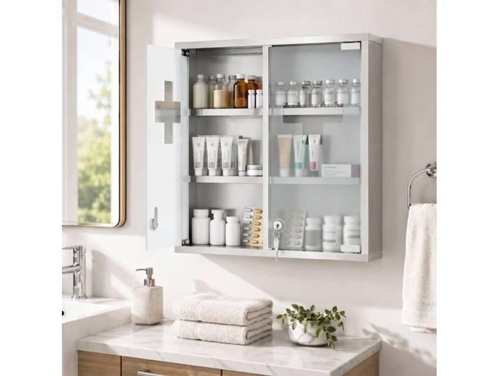 WOVREO Armoire à pharmacie murale verrouillable 6 zones 2 clés verre dépoli acier inoxydable finition argent