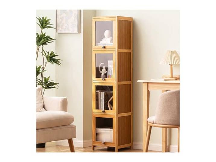 HBOOMOEM Wohnzimmervitrine，Antiker Schrank Mit AcryltüR，Bambus-Aufbewahrungsschrank Mit AcryltüR，Vitrine Mit Acryl-KlapptüRen，KlapptüRdesign, Leicht Zu Reinigen.(Clear,140 * 40CM/55.1in*15.7in)