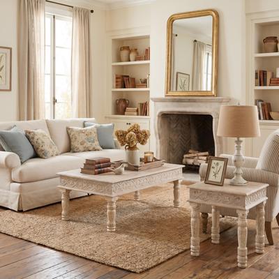 Taran Designs Milton 2-piece Carved Solid Wood Living Room Table Set