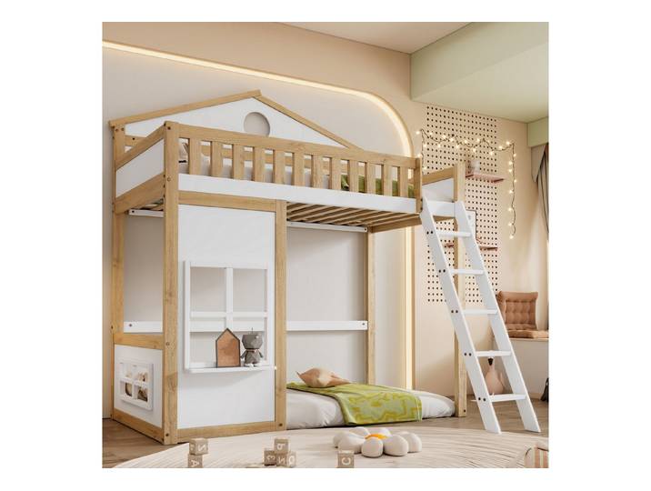 STILVORA Hochbett 90x200cm mit Treppe,Etagenbett Kinderbett mit Fallschutz und Gitter (Etagenbett mit Treppe und Fallschutz, Kinderetagenbett mit Dach, Fenstern und flexibel nutzbarem Unterbett, 90x200 cm) ohne Matratze