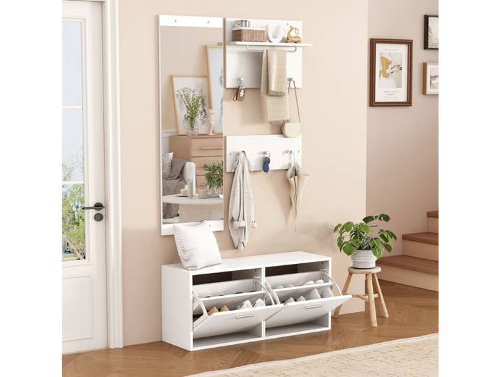 AESVAR ensemble vestiaire d'entree 4 pieces blanc avec miroir mural 6 crochets et meuble a chaussures