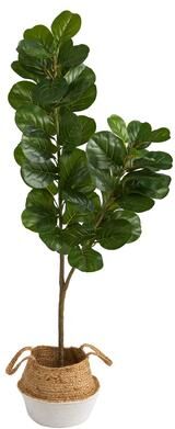 Nearly Natural 4.5' Fiddle Leaf Fig Artificial Tree with Boho Chic Handmade Cotton & Jute White Woven Planter