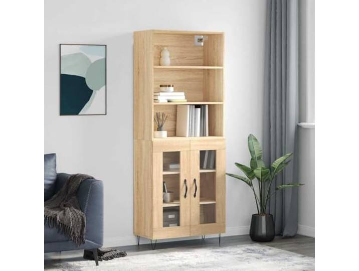 Praktischer Schrank mit Türen für Ordnung: Elegantes Highboard mit Stauraum aus Holzwerkstoff, Highboard Sonoma-Eiche fürs Wohnzimmer auf stabilen Metallfüßen