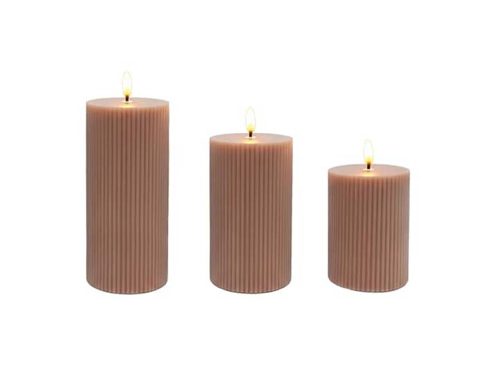 Relaxdays Bougies LED\, lot de 3\, 3 tailles\, sans flamme\, flamme vacillante\, en cire véritable\, à rainures\, vieux rose