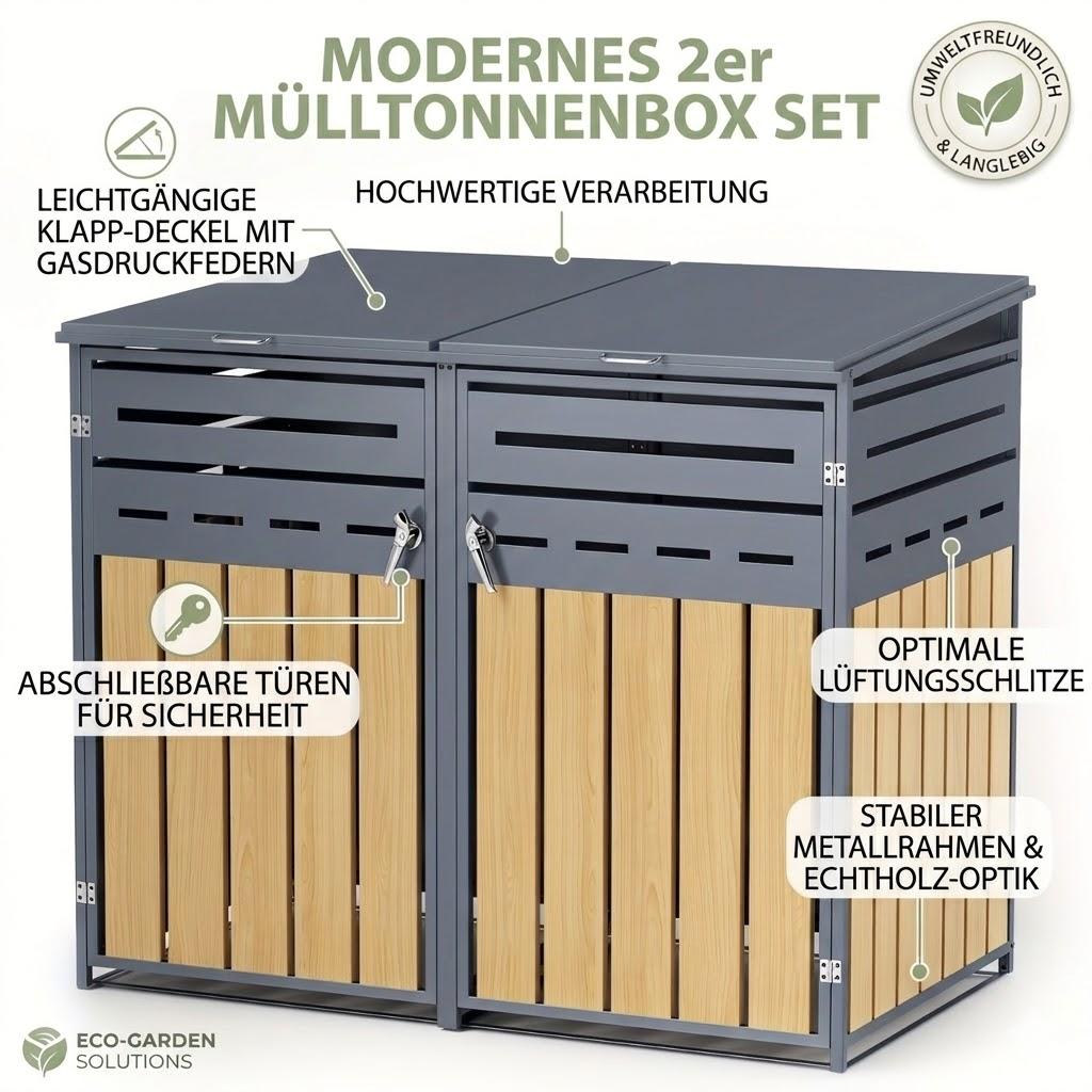 Mülltonnenbox 2er Set verzinkter Stahl Holz-Design 120L / 240L Tonnen