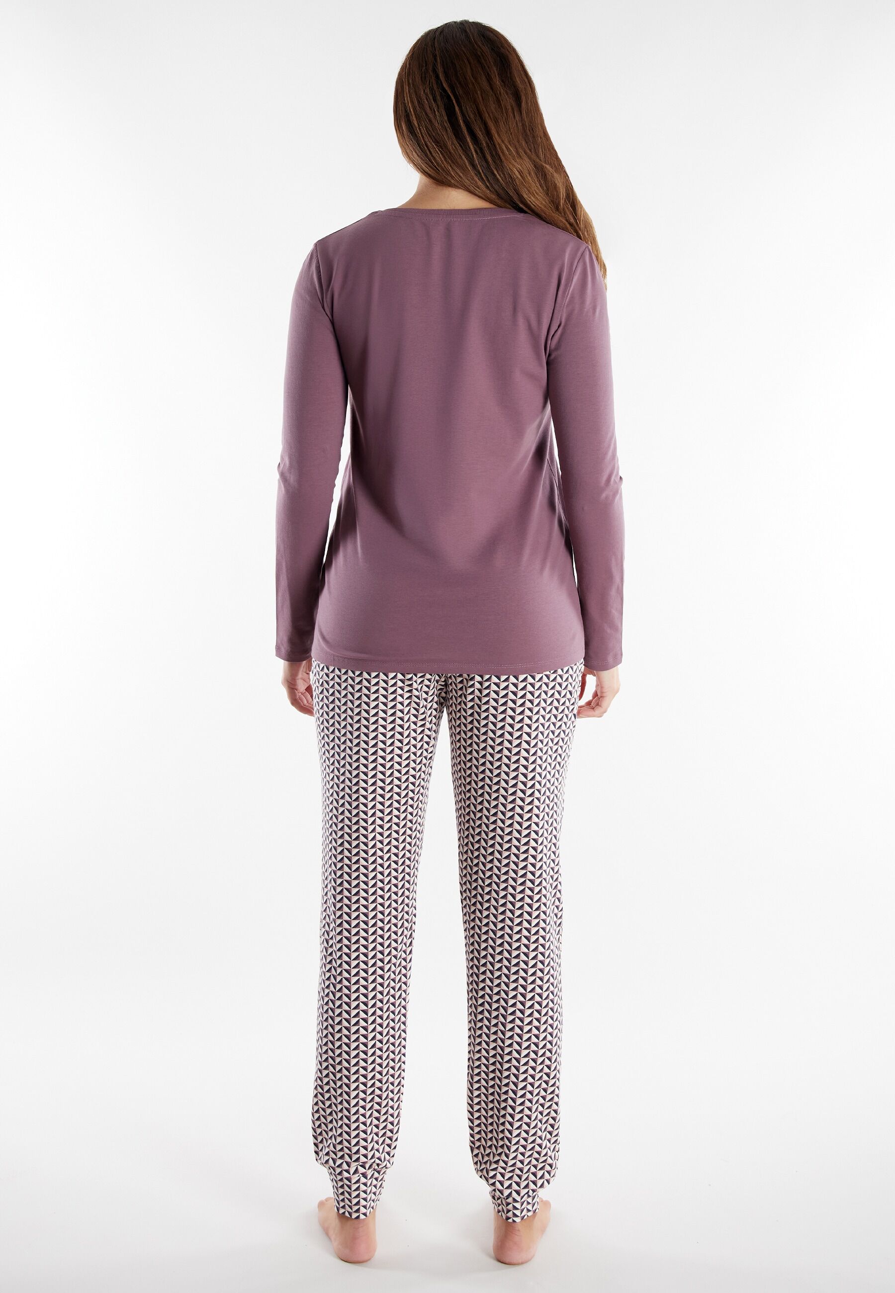 Schlafanzug TOM TAILOR "Sitia", Damen, Gr. 36 (S), lila (lila, mittel, allover), Obermaterial: 95% Baumwolle, 5% Elasthan, normal normal, Rundhals, gerader Abschluss, Homewear-Sets Schlafanzug, Langarm, Rundhalsausschnitt, mit Knöpfen, gemustert, Baumwoll