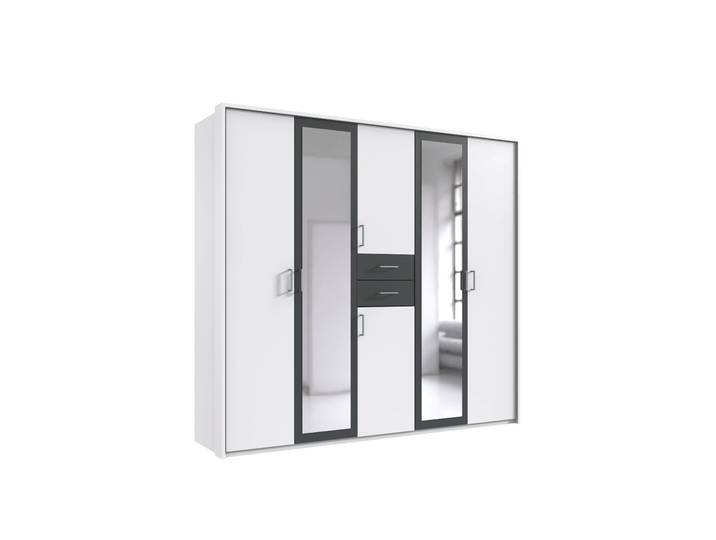 Drehtürenschrank Kleiderschrank 228 cm Passepartout Schubladen Spiegel Ausstattung Weiß und Grafit / 22598