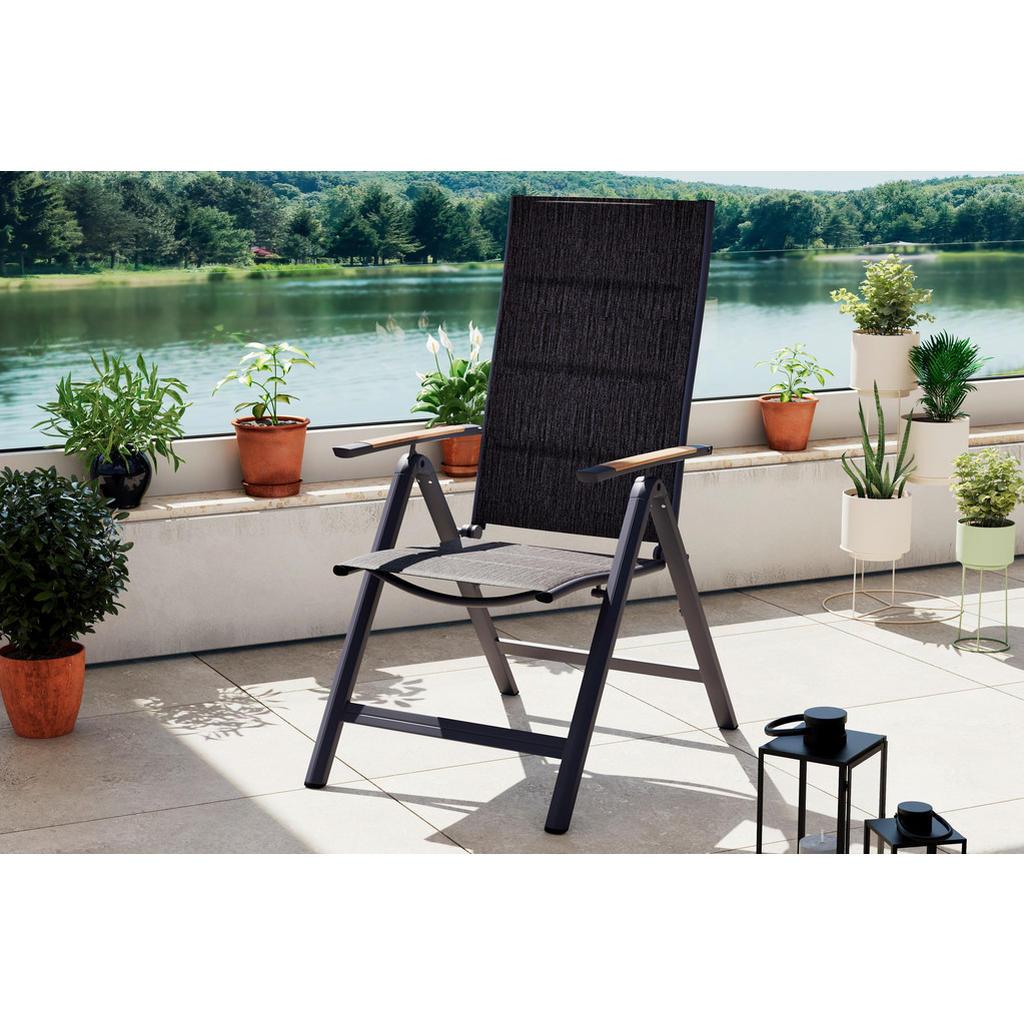 Ambia Garden Gartensessel , Dunkelgrau, Naturfarben , Textil, Metall , Flachrohr , 57x108x70 cm , klappbar , Gartenmöbel, Gartenstühle, Gartensessel