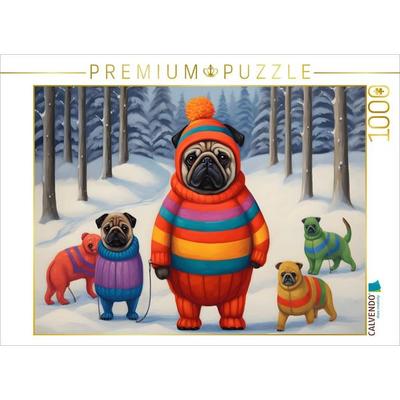CALVENDO Puzzle Winterlich angezogene Hunde spazieren durch den Wald im Schnee | 1000 Teile Lege-Größe 64x48cm Foto-Puzzle für glückliche Stunden