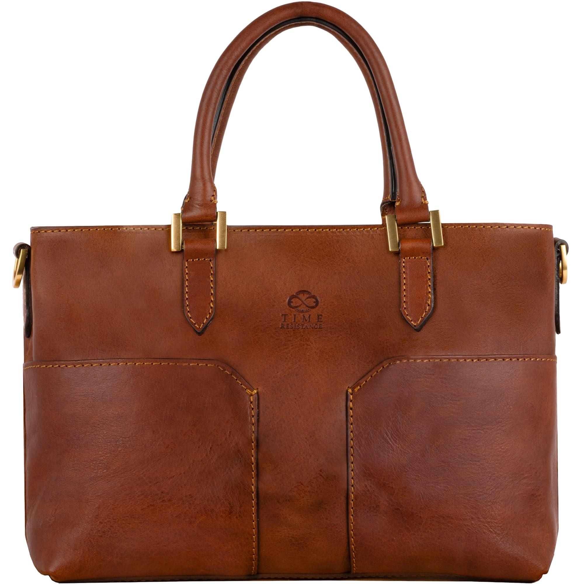 Time Resistance Handtasche Damen - Cognac Braun Schultertasche aus Leder - Herge
