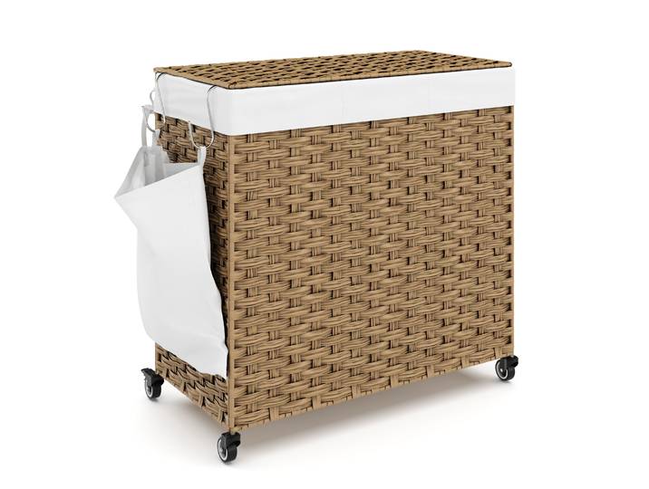 Wäschekorb Rattan mit Deckel 3 Fächer 129L braun