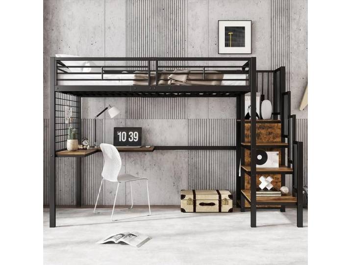 Lit mezzanine enfant - KOMHTOM - 90x200 - Bureau intégré - Armoire - Métal noir