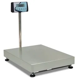 Große Edelstahlwaage bis 300 kg und 500x400 mm mit Säule. Waage aus Edelstahl für Säcke, Kisten, Pakete und Tiere.