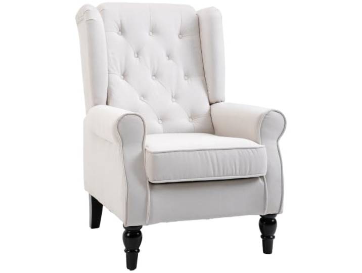 HOMCOM Sessel Ohrensessel mit Armlehnen, mit Kissen, Tufting, Cremeweiß Loungesessel, Hoher Rückenlehne Armlehnensessel mit Holzbeine, Relaxsessel für Wohnzimmer, Schlafzimmer