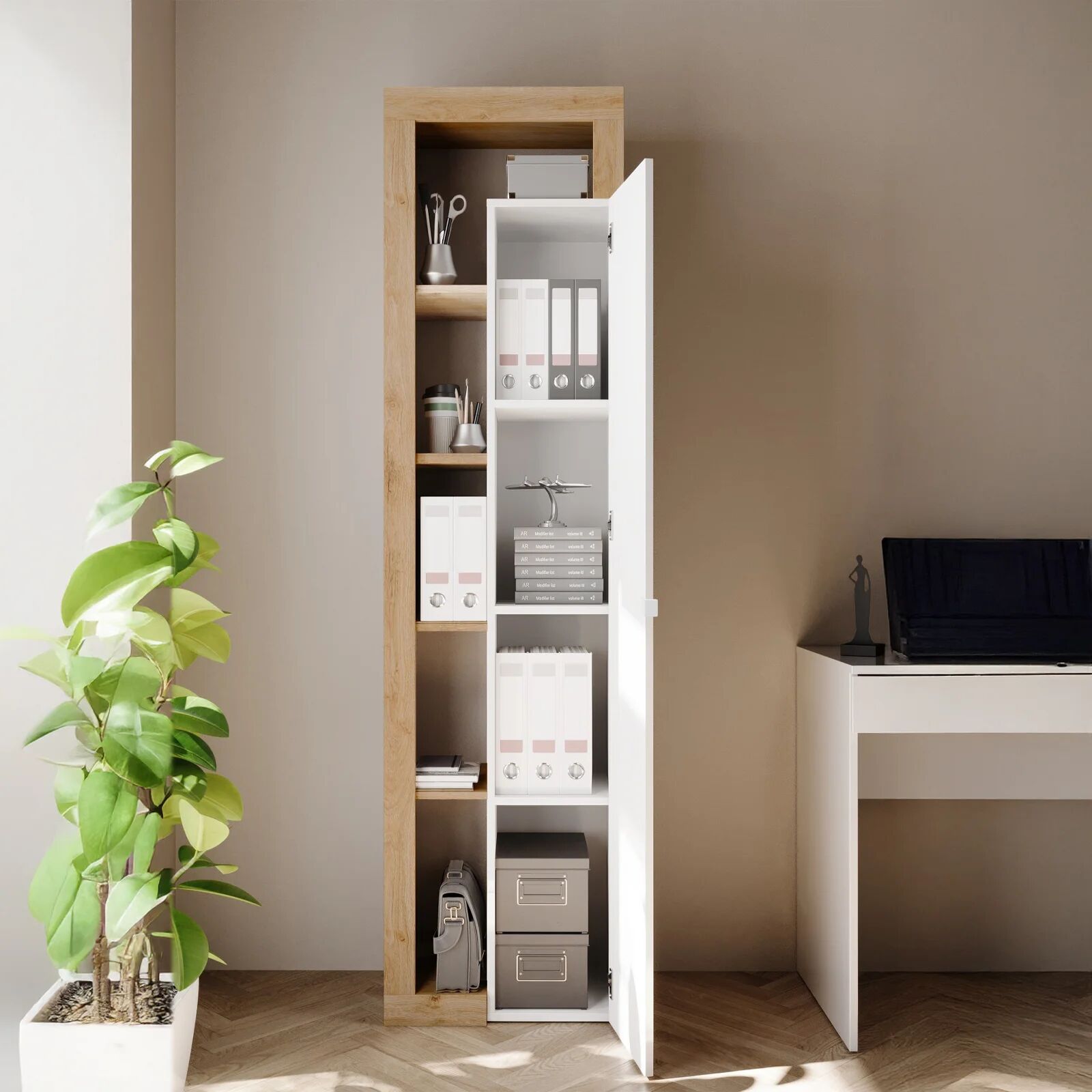 garneroarredamenti Mobile colonna multiuso 50x189h cm bianco lucido rovere Invictus