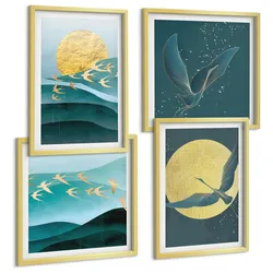BILDER SET 4er Set - 50x50 cm & 40x60 cm Goldrahmen - Stilvolle Landschaften mit Vögeln