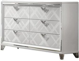 Benjara Beli 64 Inch 6 Drawer Wide Dresser Chest, Carved Acrylic Feet, Crisp White