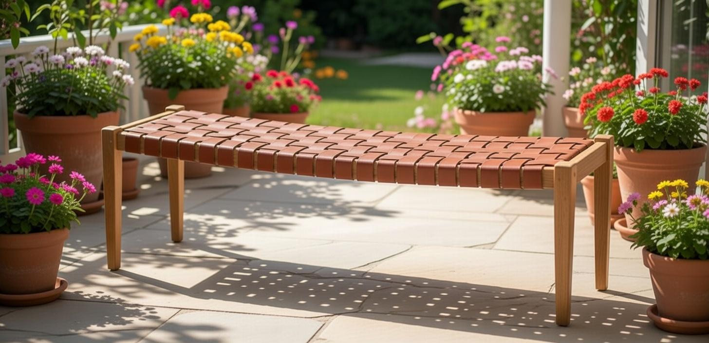 Stilvolle Gartenbank aus Holz mit Lederbezug für elegantes Design