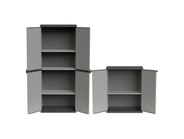Kreher Kunststoffschrank-Set hoch & mittel mit verstellbaren Einlegeböden Spritzwassergeschützte Deckel- und Bodenplatte, extra stabil, leichter Aufbau. Optimal für innen und außen.