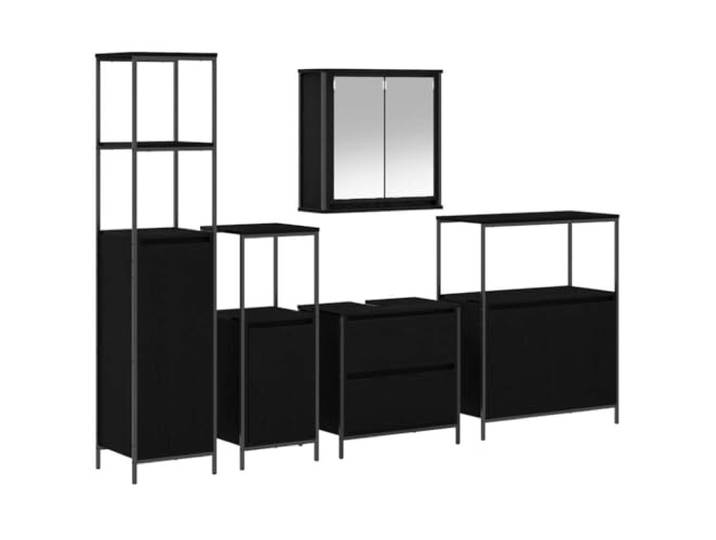HGPOTUY Badezimmermöbel-Set 5 pcs Schwarz Holzwerkstoff Mit Spiegel, Wandschrank, Stauraumregal, Flachspiegel, Einfache Montage