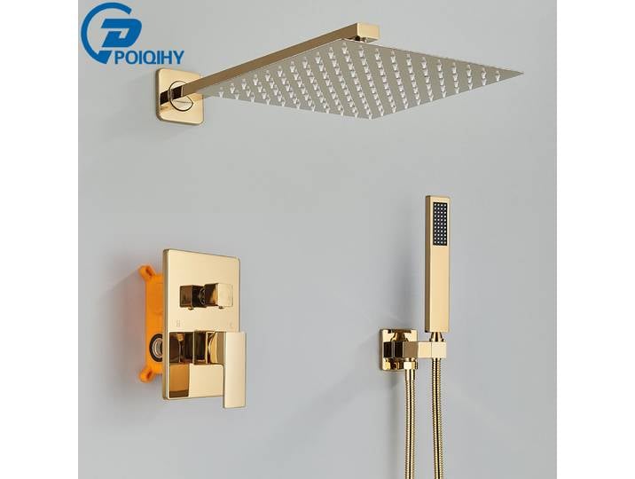 Ensemble de robinets de douche dorés, système de douche à 2 voies, pomme de douche murale, salle de bains, mitigeurs de douche dissimulés