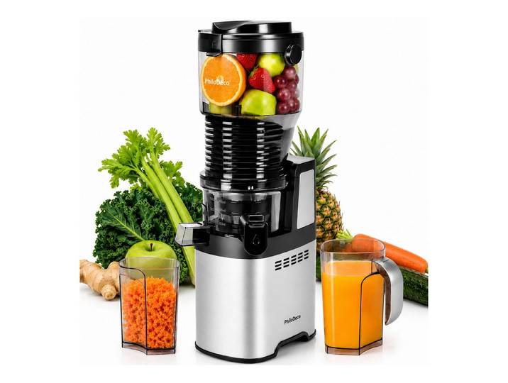 Sinaopus Slow Juicer Große Einfüllkammer für Früchte bis 8 cm und feinen Saft, 250 W, Getrennte Auslässe, Rückwärtslauf und einfache Reinigung